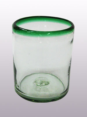 Vasos de Vidrio Soplado al Mayoreo / vasos chicos con borde verde esmeralda / Éste festivo juego de vasos es ideal para tomar leche con galletas o beber limonada en un día caluroso.
